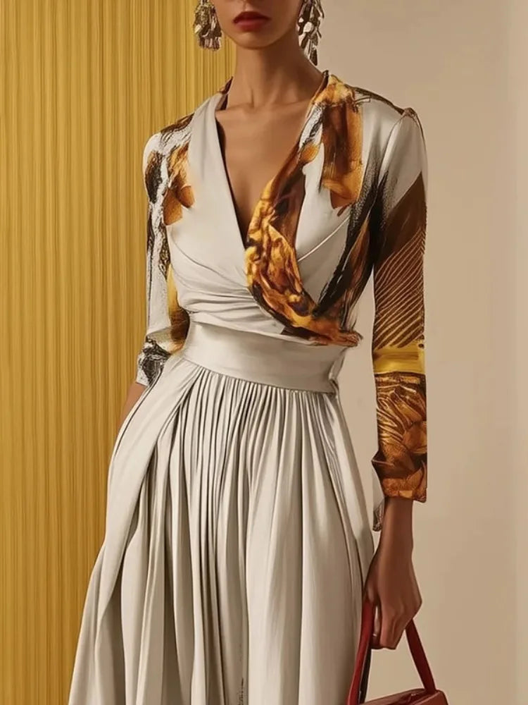 Women's Printed Slim Fit Jumpsuit V-neck Long Sleeves High Waist Wide Leg Coverall Elegant Commuter Outfit for Office Ladies