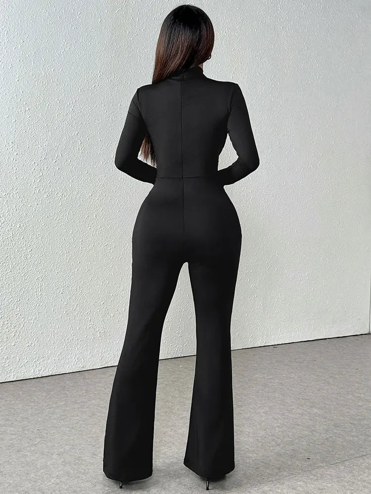 Women New Jumpsuit Autumn Black Sexy Hollow Out Jumpsuit Streetwear Fashion Long Sleeve Turtleneck Elegant Lady Knitted Clothing