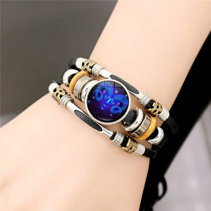 Constellations Luminous Leather Bracelet Retro Multi-layer Beaded Leather Bracelet Jewelry Gifts for Men Women Couples