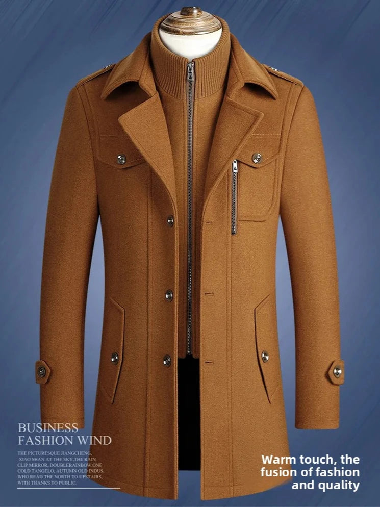 2025 new winter men's woolen coat, men's brand jacket, middle-aged double-shoulder long woolen windbreaker coat in European size