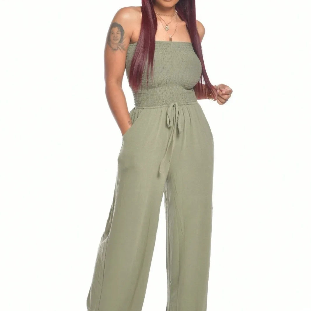2025 Women Loose Wide Leg Pants Summer Female Drawstring Pocket Full Beachwear Trousers  Bodysuit Sexy Wrapped Chest Clothing