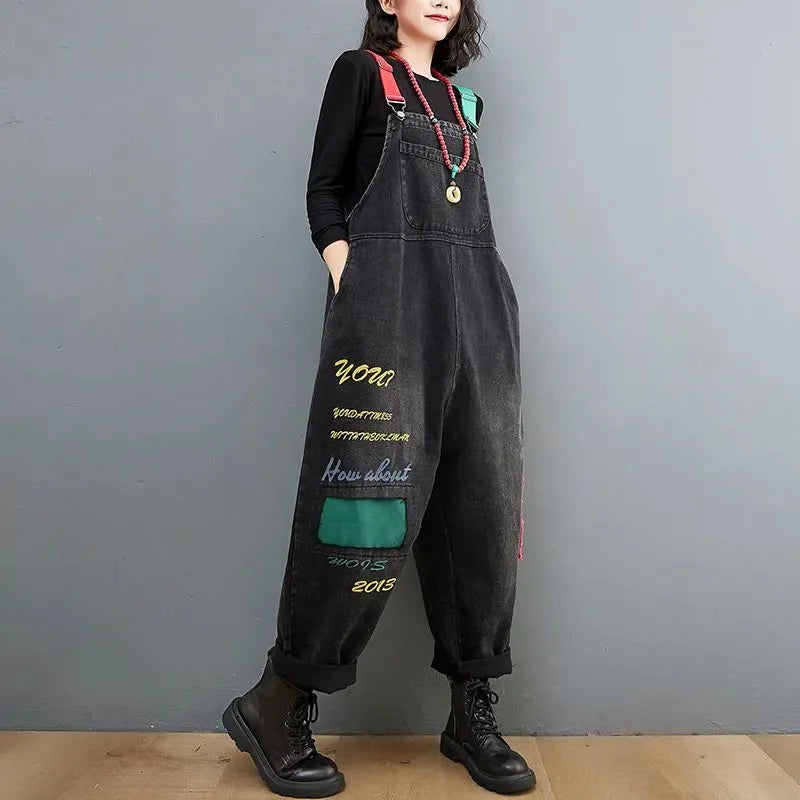 Autumn Winter Letter Embroidered Denim Backband Pants for Women's Korean Edition Loose Slim Casual Harlan jumpsuit Streetwear