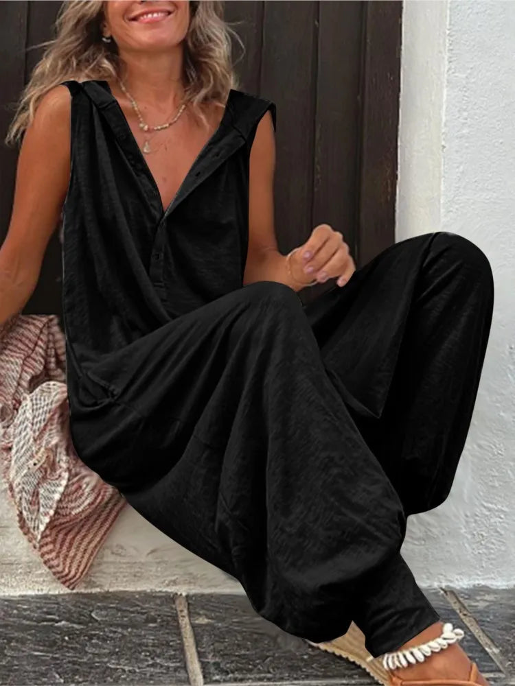 Fashionable Sleeveless Hooded Collar Jumpsuit Women Spring Summer Button Pocket Loose Casual Baggy Pants Jumpsuits Female