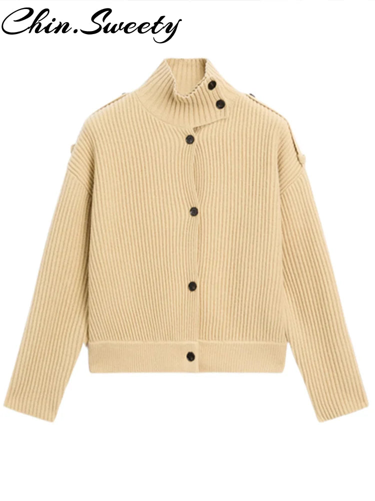 Elegant Solid Women Knitted Cardigan Pleated Stand Collar Single-Breasted Female Knitwear 2025 Autumn Winter Chic Lady Outerwear