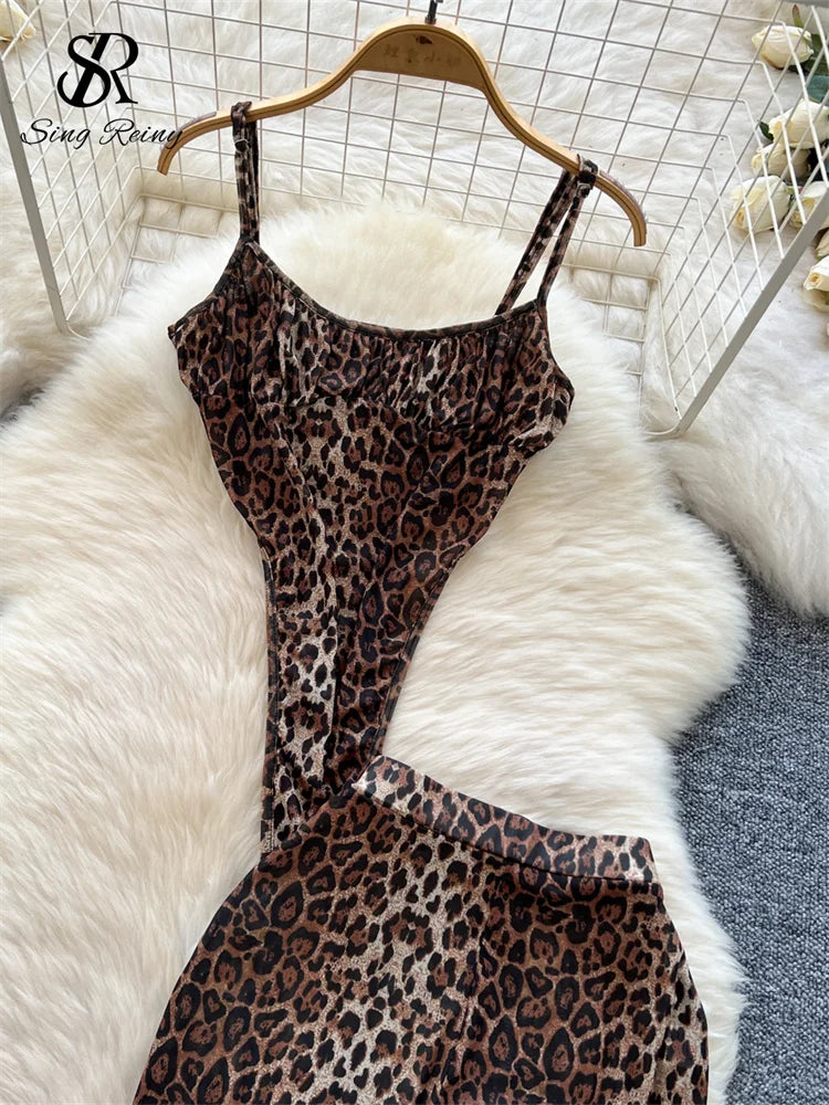 SINGREINY 2024 Newest Leopard 2pcs Suits Women Sexy Strap Tops+Elastic Waist Flared Pants American Ins Fashion Hotsweet Sets