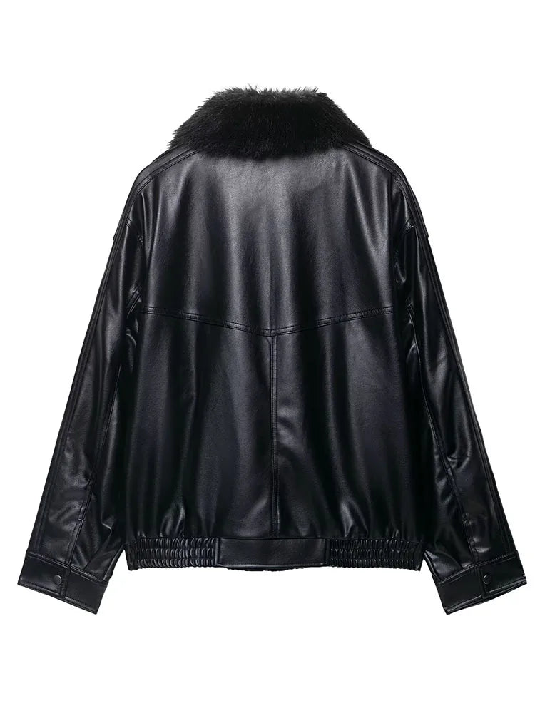 HH Women's Autumn New Fashion Jackets Black Fur-Trimmed Lapel Long Sleeves Pockets Zipper Female High Street Loose Coats