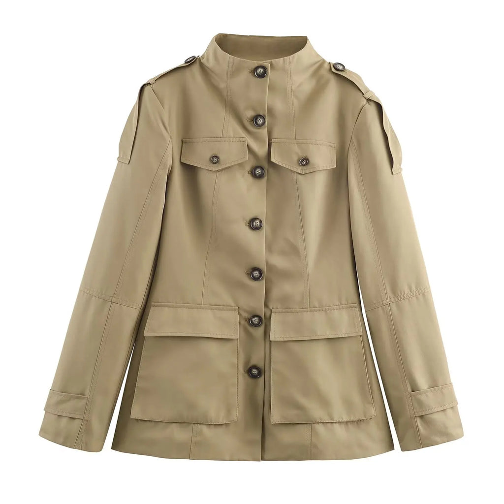 Tidalyf 2025 New Women Casual Jacket High Neck Single Button Shoulder Strap Cuff Strap Pocket Design Chic Fashion Autumn