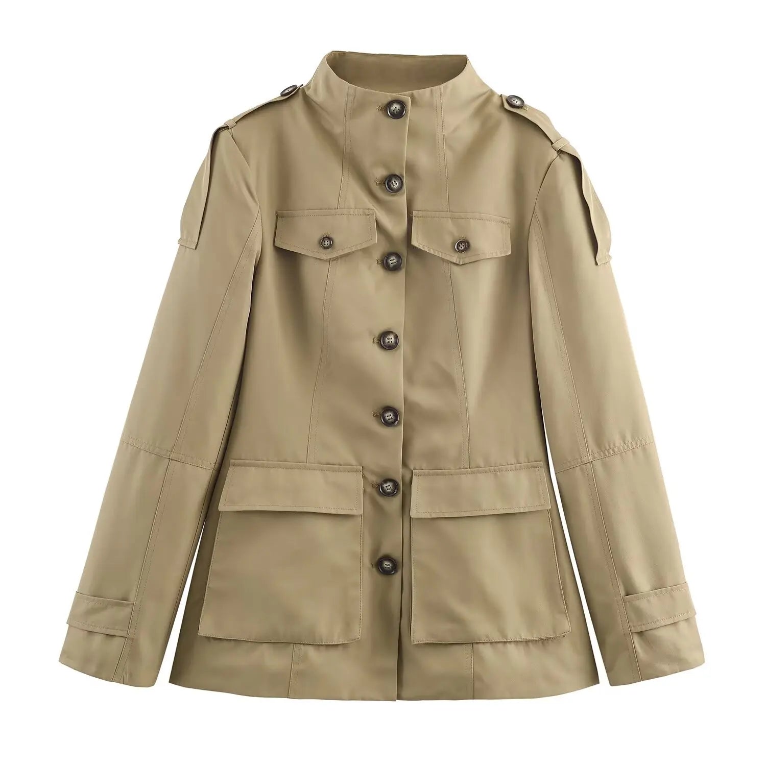 Tidalyf 2025 New Women Casual Jacket High Neck Single Button Shoulder Strap Cuff Strap Pocket Design Chic Fashion Autumn