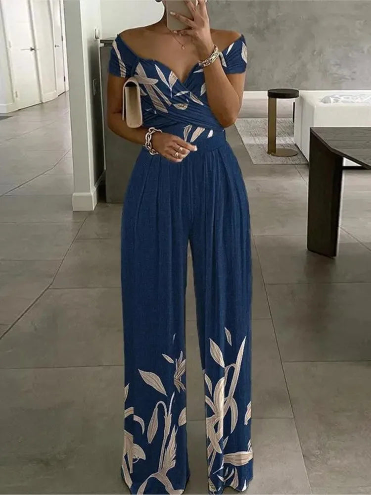 Fashion Print Jumpsuit Women's Short Off Shoulder V-Neck Wide Leg Pants Jumpsuits Female Office Womens Clothing Jumpsuit Summer