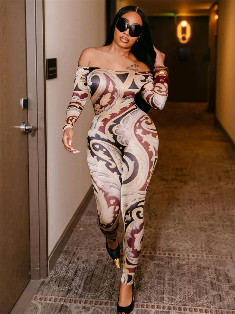 Weird Puss Slash Neck Jumpsuit Women Hipster Colorful Print Full Sleeve Stretch Skinny Fitness Activity Workout Slim Streetwear