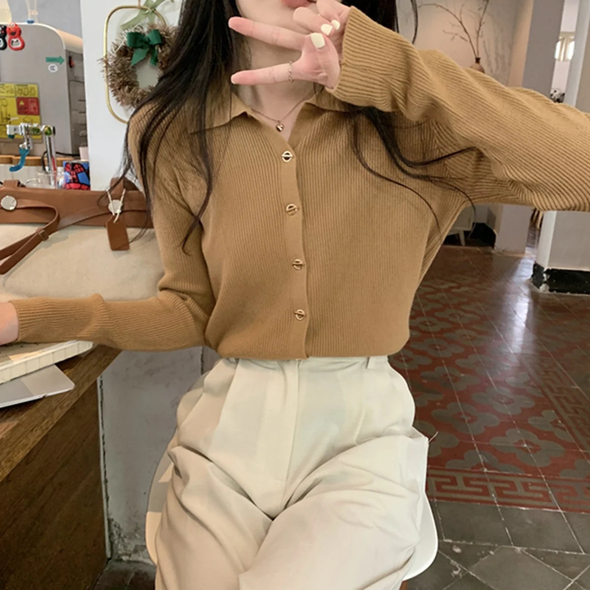 Women Fashion Button Knitted Cardigan Autumn Winter Polo Neck Long Sleeve Solid Knitwear Korean Vintage Casual Street Tops Chic