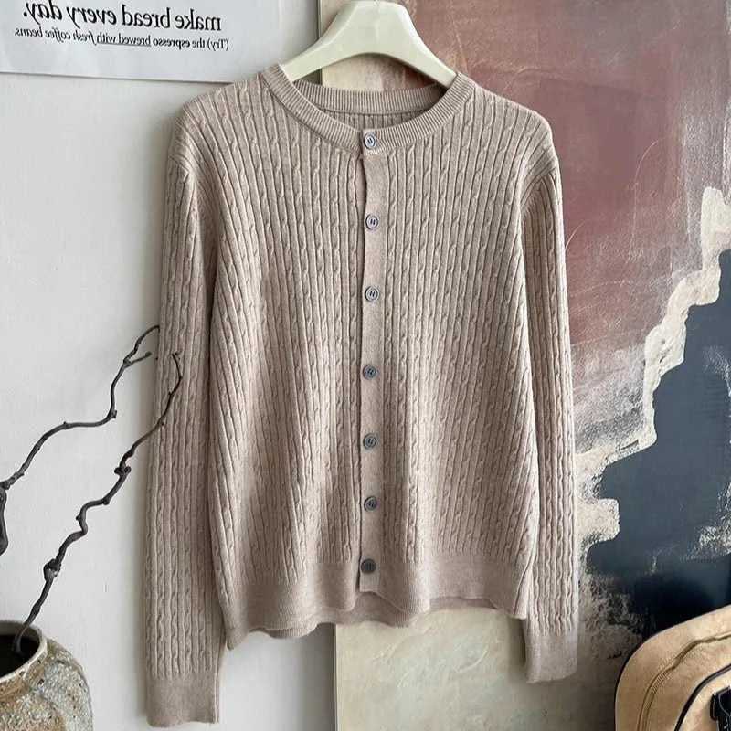 2025 Pure Color Long Sleeve Single Breasted Knitted Sweater Autumn Winter Women's Crew Neck Cardigan New Casual Versatile Tops