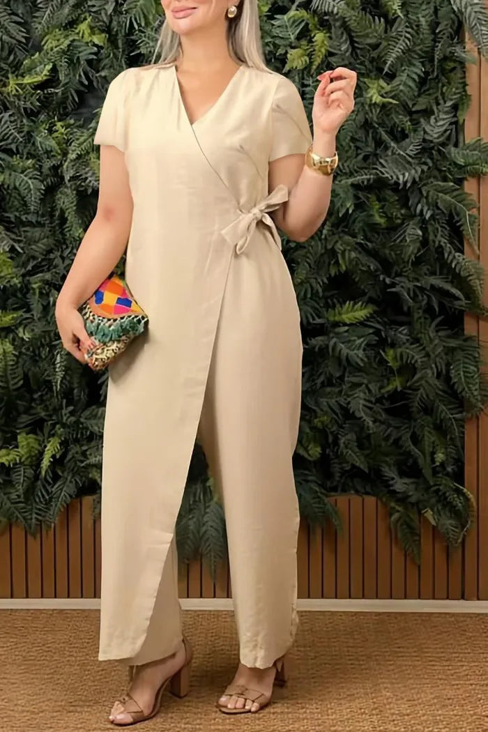 Women's Casual V-neck Cross Strap Jumpsuit Streetwear Loose Romper Elegant Lace Up Sleeveless Hollow Out Solid Office Jumpsuits