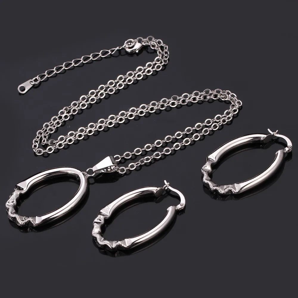 U7 38mm Hollow Oval Hoop Earring Necklace Set for Women Design Folding Pattern Oval Tube Lightweight Jewelry Set Gift for Her