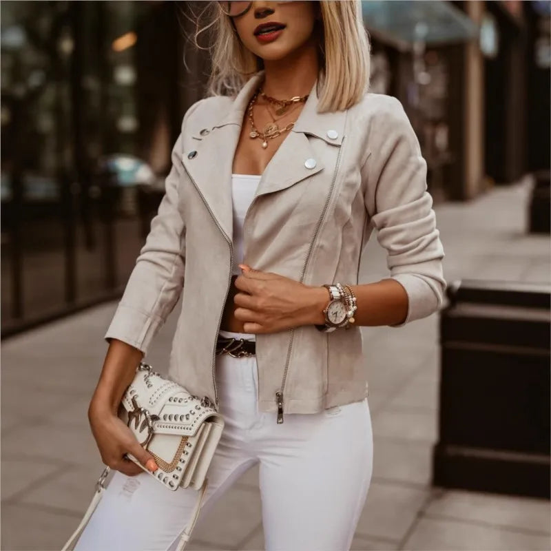 Elegant Temperament Solid Jacket For Women's 2024 Autumn Winter Solid Slim Oblique Zipper Lapel Short Jacket Female Streetwear