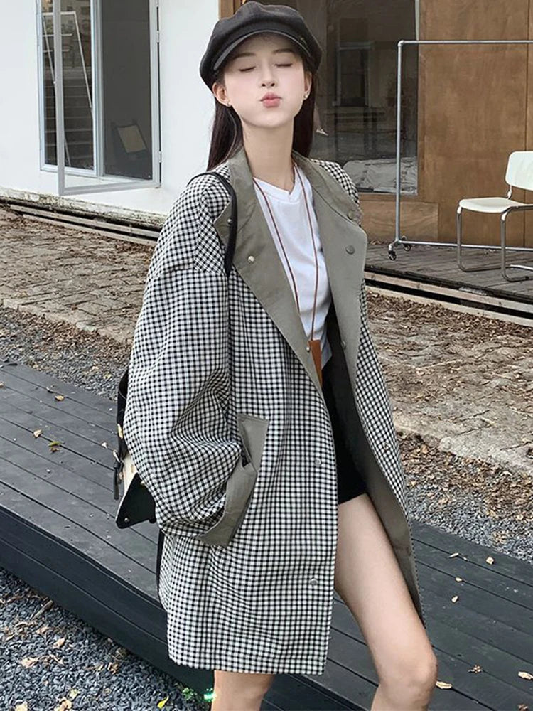Zoki Korean Chic Elegant Jacket Women Loose Design Double Sided Wear Plaid Coat Fall Fashion Long Sleeve Sweet Pockets Outwear