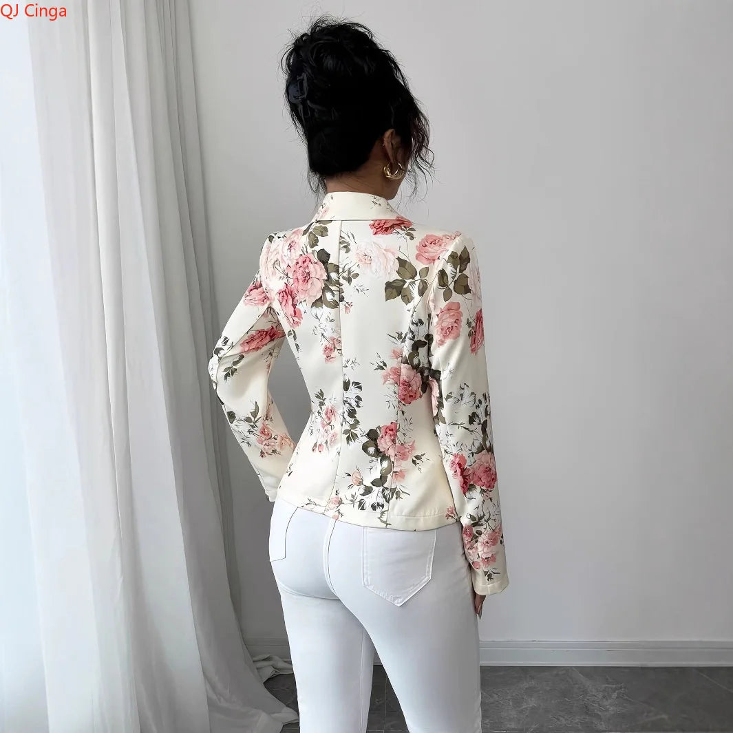 New Fall Collection White Women's Printed Blazer Jacket Stylish Slim-Fit Outerwear Asian Sizes Casual Coat S-XXL