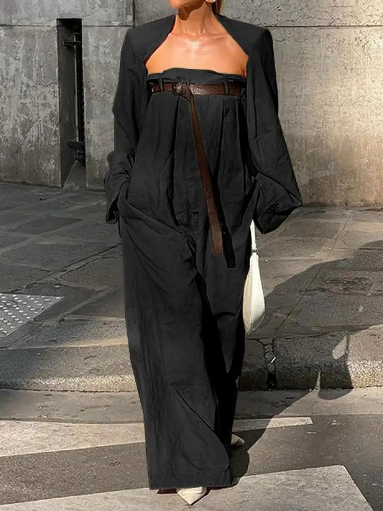 Freeacy 4 Colors Women's Jumpsuit Long Sleeve Outerwear and Belted One-piece Pants Solid Cotton Two-piece Set Loose Fit Coverall