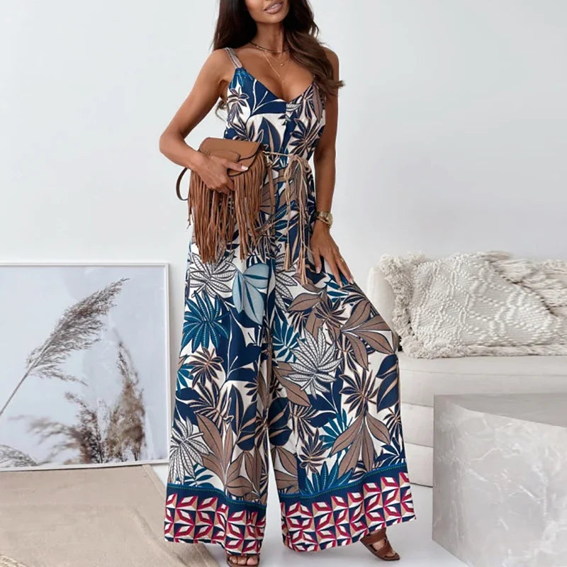 Elegan V-neck High Waist Jumpsuit Women's Fashion Pattern Print Loose Long Romper Causal Sleeveless Wide Leg Playsuit Women