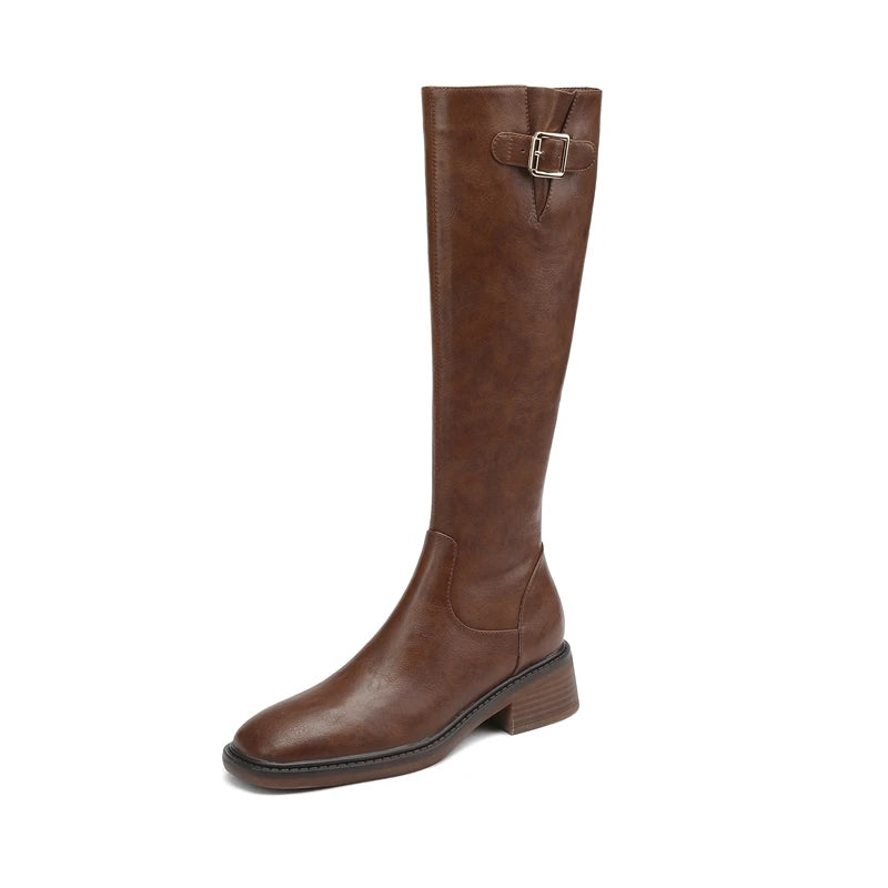 Women's New Autumn/Winter Genuine Leather Cowhide Mid Heel Large Metal Belt Buckle and Knee Zipper High Barrel Knight Boots