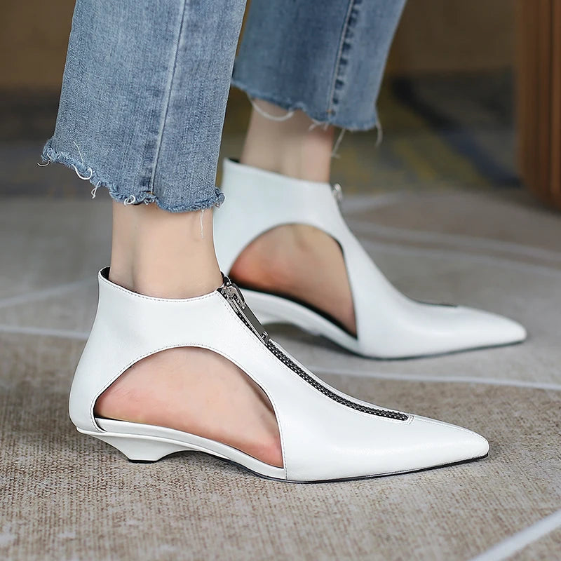 Original Design 2025 Spring Leather Women's Casual Black White Summer Boots Trendy Fashion Boots High Heels Zipper Shoes Woman