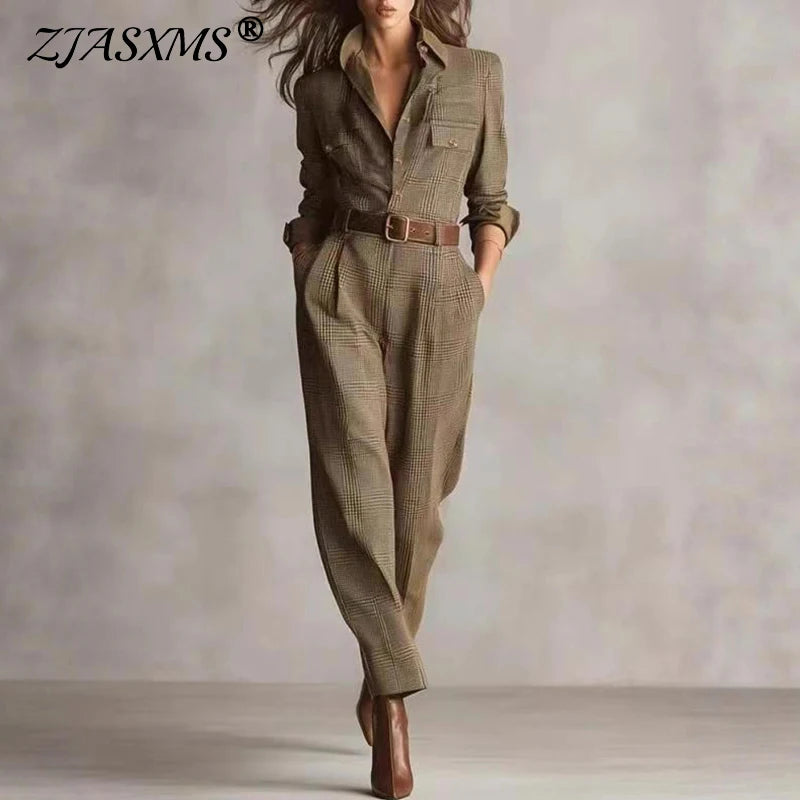 Elegant Button Lapel Shirt Jumpsuits Woman Vintage Plaid Print Pocket Slim Overalls Autumn Long Sleeve Female Clothing Bodysuits
