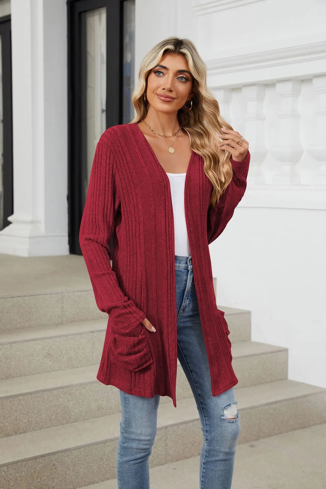 Autumn Winter New Solid Color Pit Stripe Brushed Pocket Cardigan Best Selle Long Sleeved Jacket for Woman Clothes