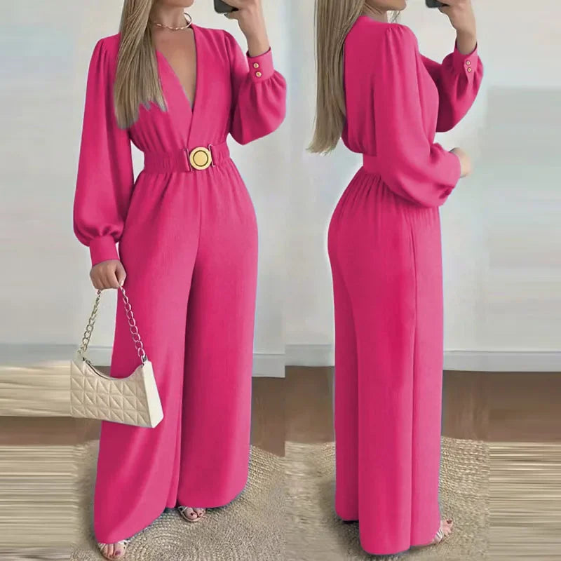 Autumn Elegant V-neck Solid Long Jumpsuits Fashion Commuting Belt Lace-Up Wide Legger Romper Casual Long Sleeve Women's Playsuit