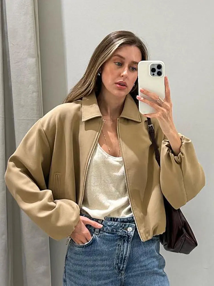 HH 2025 Autumn Street Fashion Solid Bomber Jackets Simple Lapel Zipper Fly Long Puff Sleeves With Pockets Women's Casual Coats