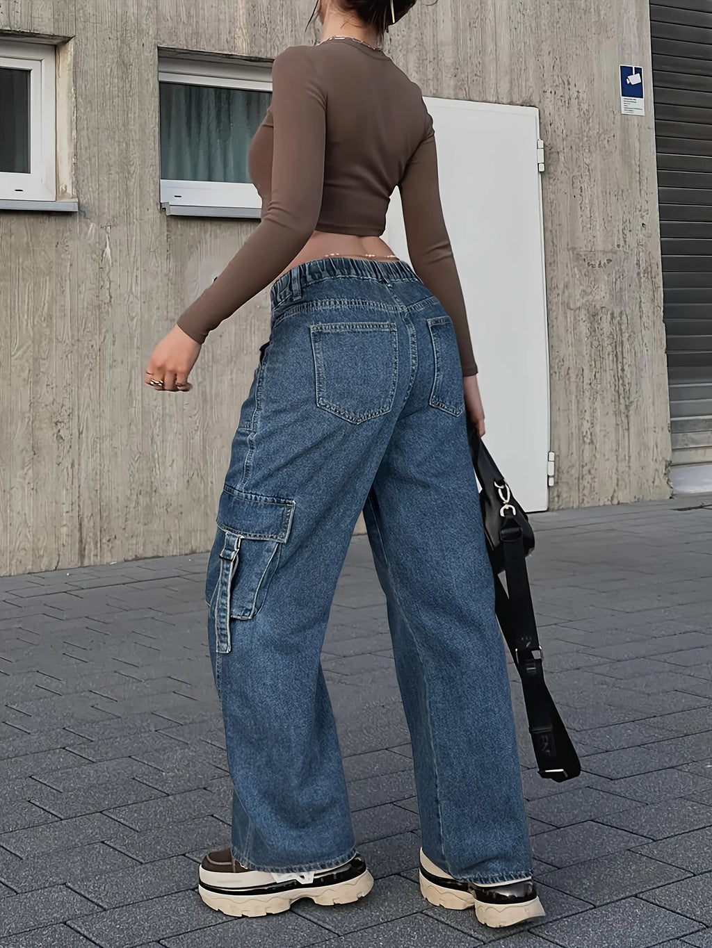 Women's Trendy Cargo Jeans Casual Street Style Zip Multi-Pocket Design With Flap Pockets Tape Elastic Waist Denim Pants