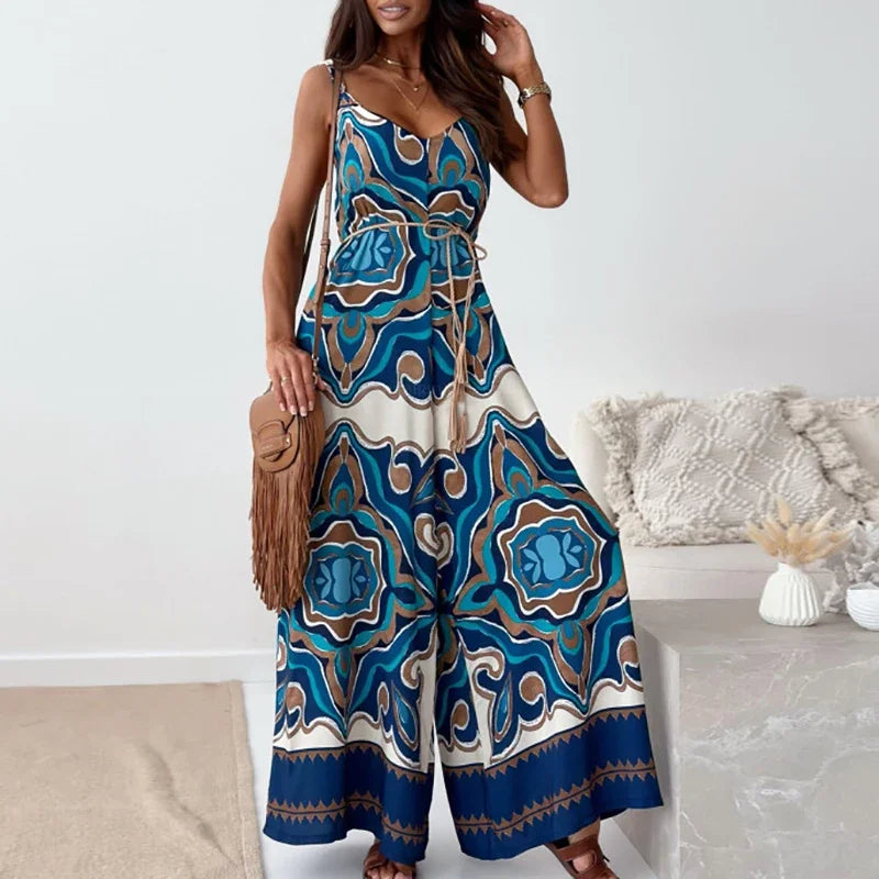 Elegan V-neck High Waist Jumpsuit Women's Fashion Pattern Print Loose Long Romper Causal Sleeveless Wide Leg Playsuit Women