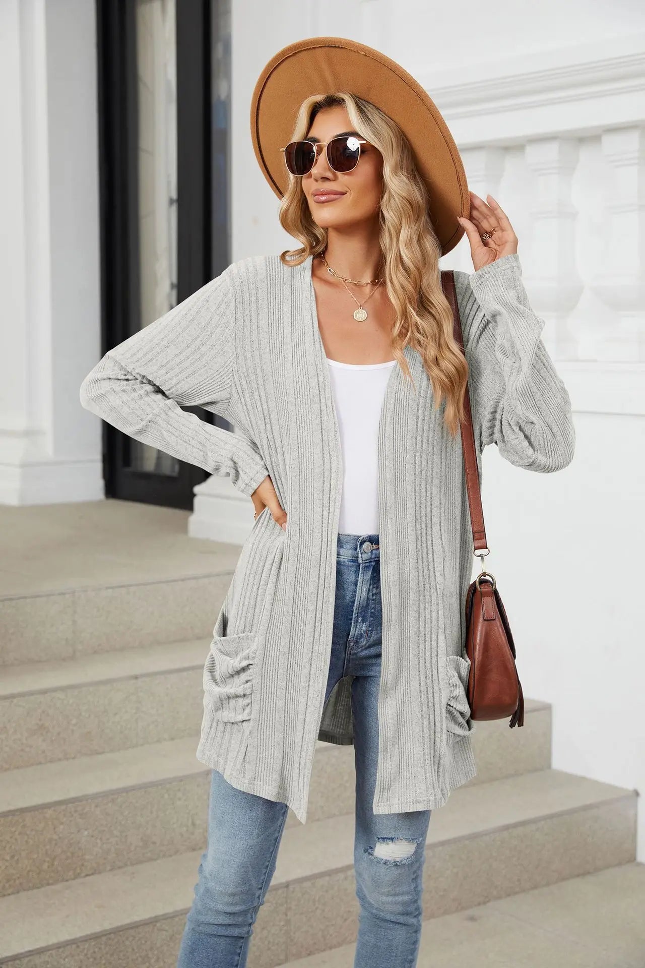 Autumn Winter New Solid Color Pit Stripe Brushed Pocket Cardigan Best Selle Long Sleeved Jacket for Woman Clothes