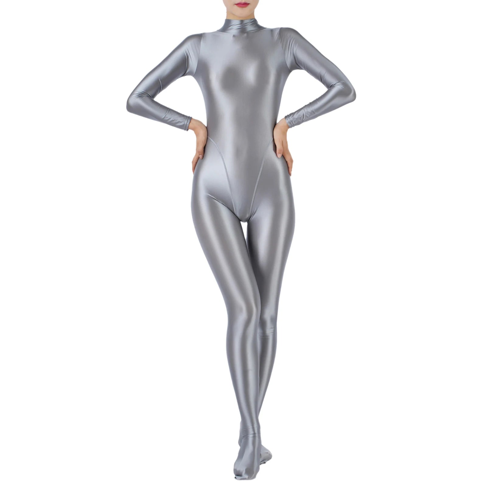 Women Glossy Jumpsuit One Piece Swimsuit Long Sleeve Tights Full Body Bodysuit Workout Fitness Yoga Rash Guard Surfing Swimwear