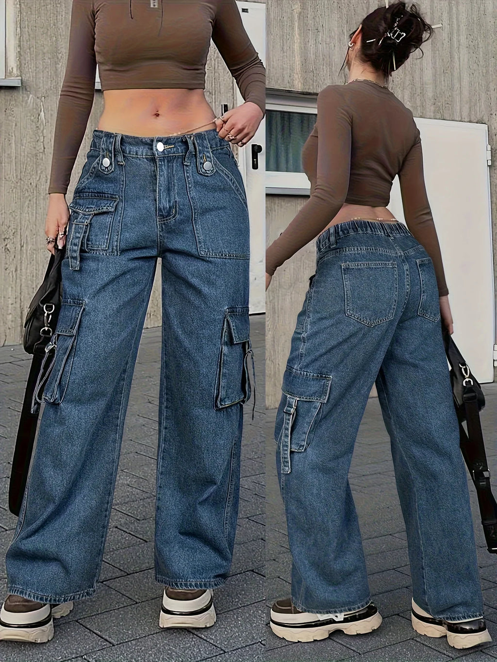 Women's Trendy Cargo Jeans Casual Street Style Zip Multi-Pocket Design With Flap Pockets Tape Elastic Waist Denim Pants