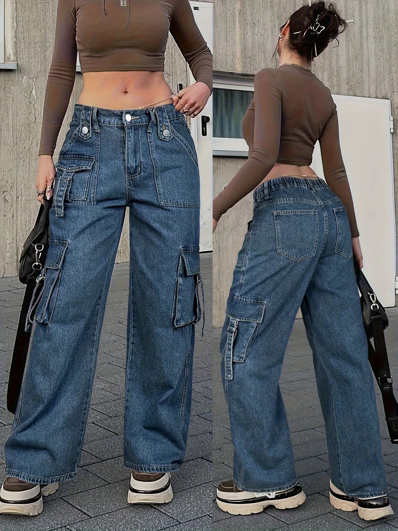 Women's Trendy Cargo Jeans Casual Street Style Zip Multi-Pocket Design With Flap Pockets Tape Elastic Waist Denim Pants