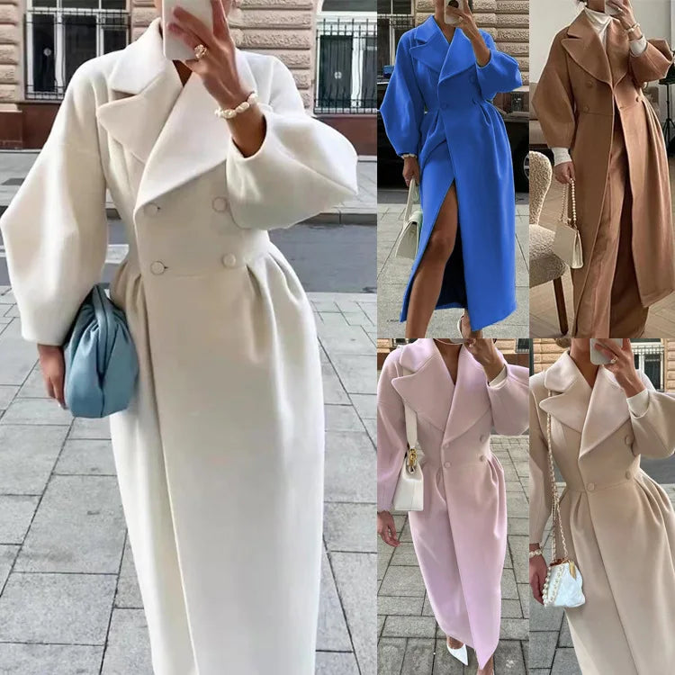 Autumn Lantern Sleeves Women Vintage Court Coat Lapel Double Row Button Office Women's Long Jacket Windbreaker Thick Street Coat