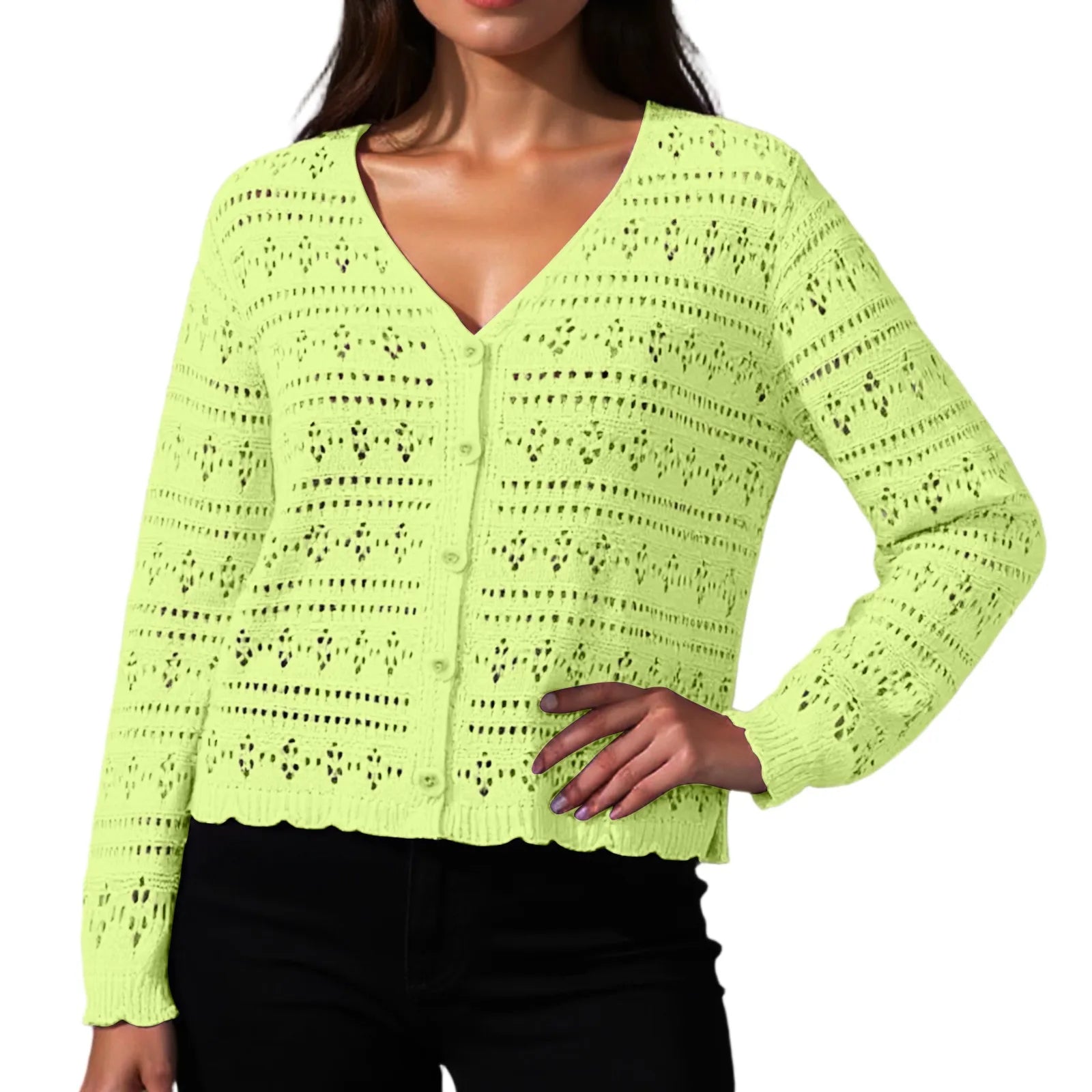Women Fashion V-neck Knitted Cardigan Spring Autumn Versatile Solid Color Hollow Out Top Ladies Loose Long Sleeved Cardigan Tops