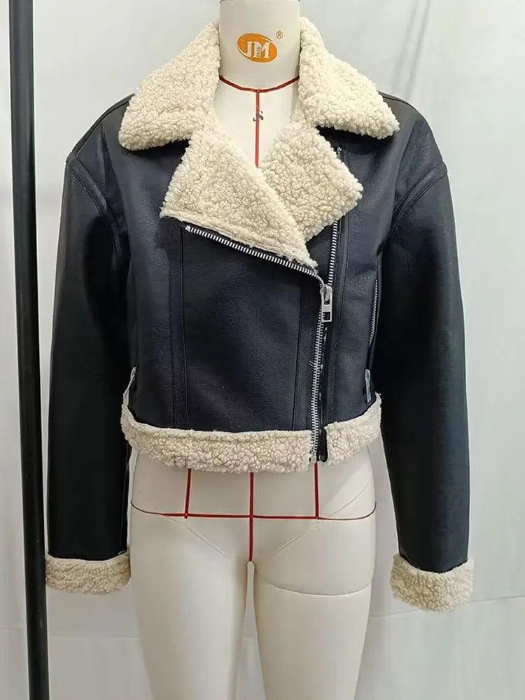 HH Female 2025 Autumn Street Fashion Leather Jacket Causal Lapel Long Sleeves With Pockets Zippers Fly Vintage Coats