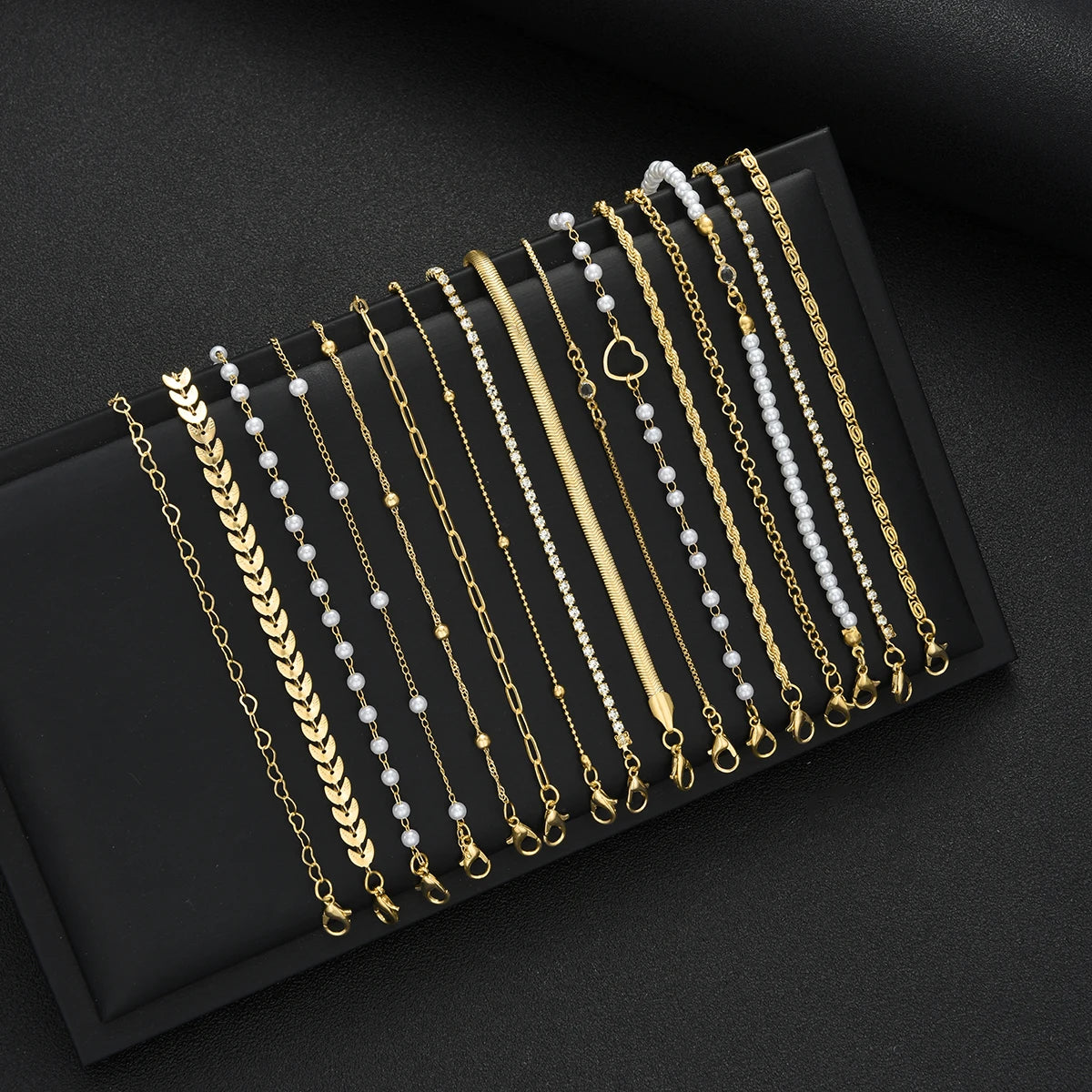 16pcs Minimalist Heart Pearl Rhinestone Snake Chain Bracelet Set for Women Elegant Gold Color Dates Vacations Daily Wear Jewelry