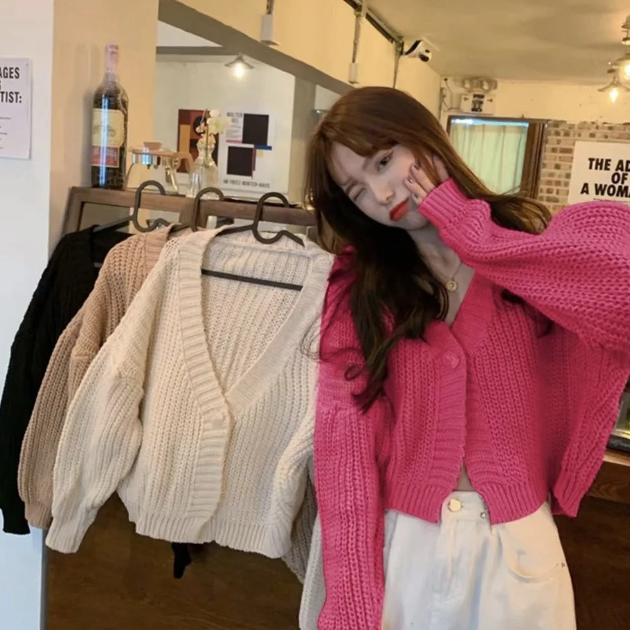 Women's Short Sweater Cardigan Sweet Cute College Style Single Button Knitted Cardigans Autumn Winter Thicken V-Neck Knitweat