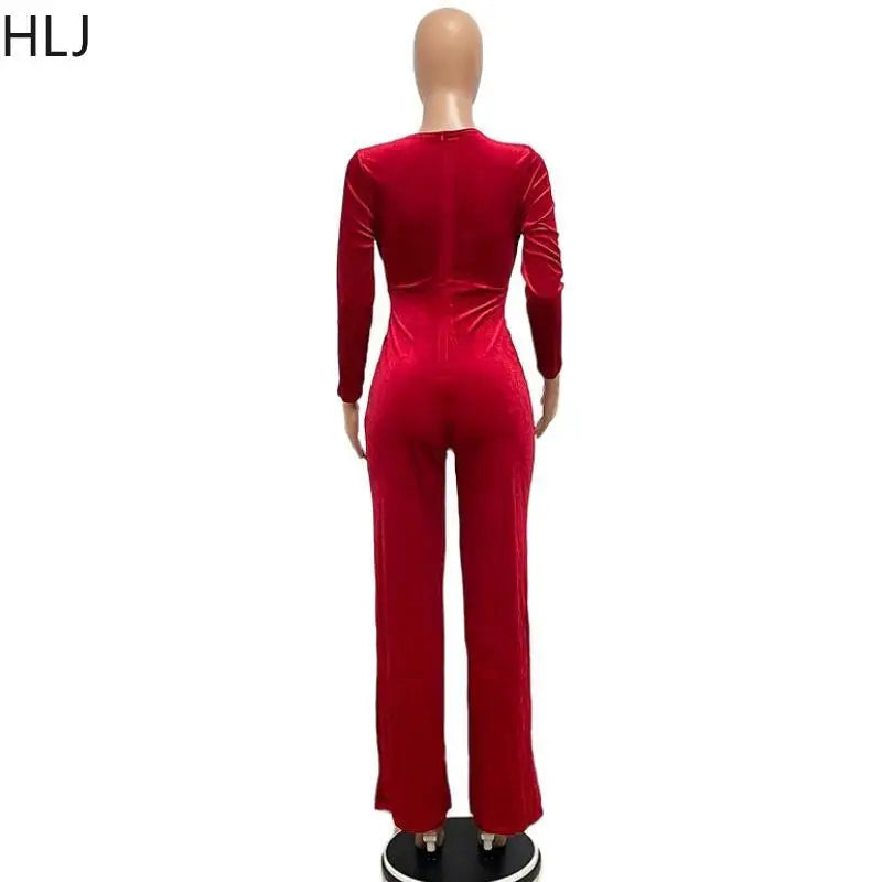 HLJ Elegant Women Velvet Jumpsuits Sexy Deep V Neck One Piece Outfit  Sashes Belted Wide Legs Long Pants Jumpsuit Party Clubwear