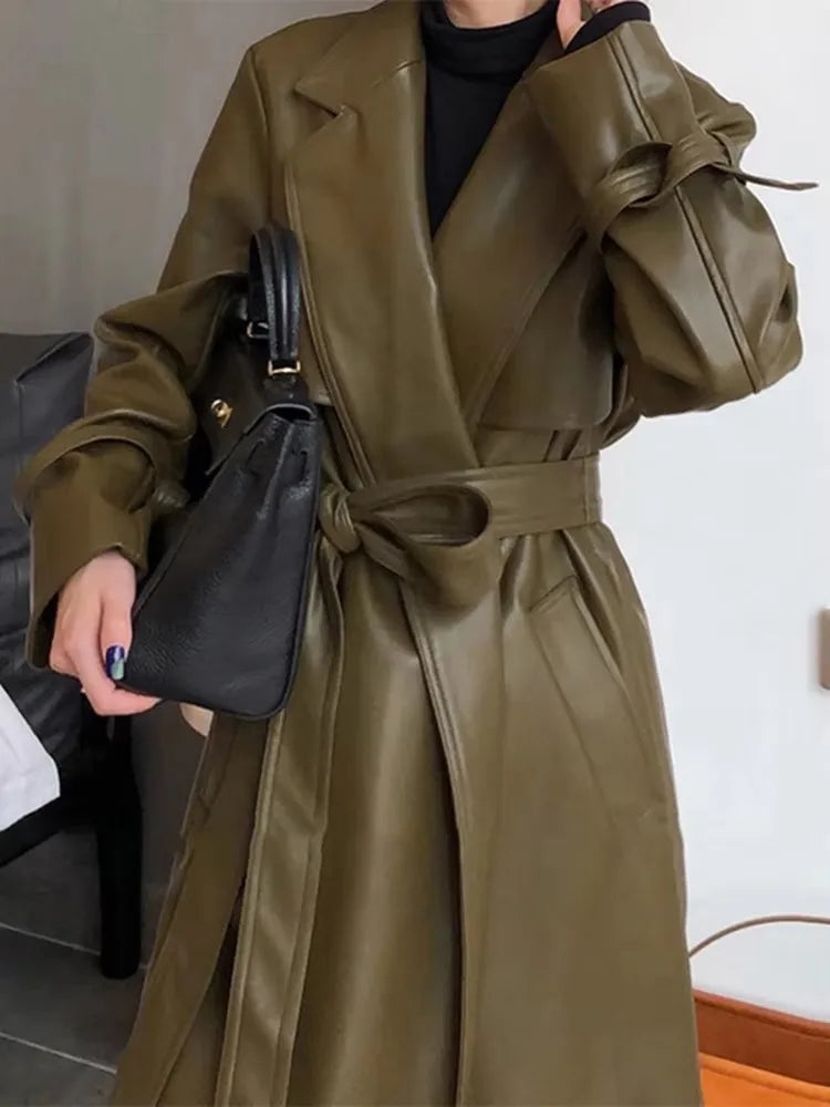 Mauroicardi Spring Autumn Long Waterproof Pu Leather Coat Women Sashes Elegant Luxury Chic Korean Fashion Clothes Overcoat 2025