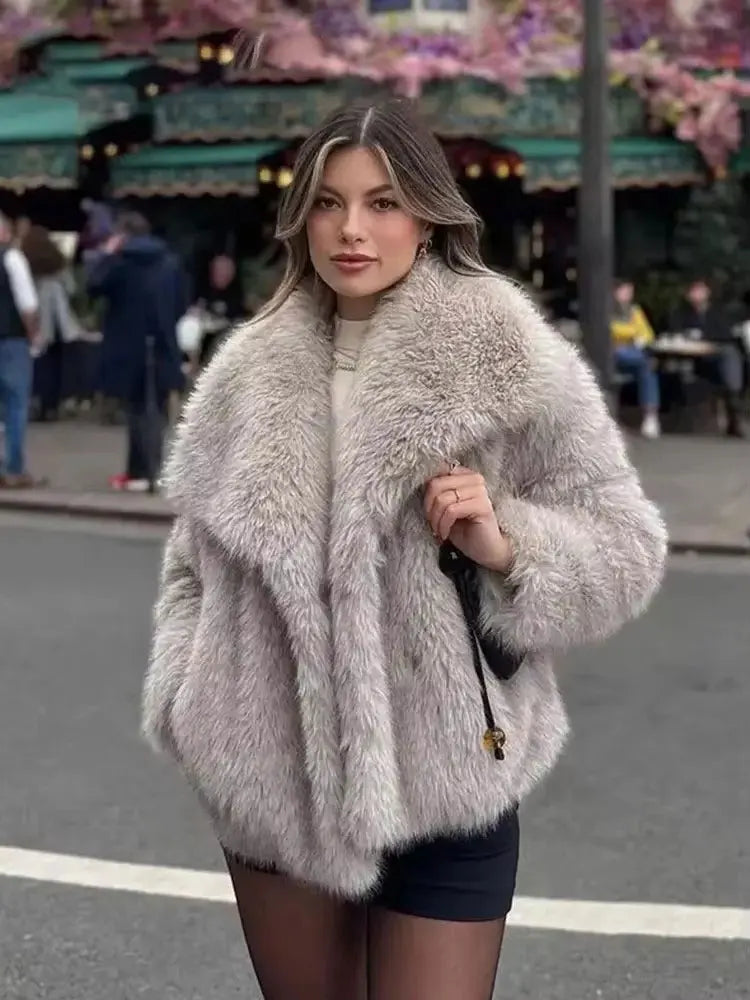 HH Women Elegant Faux Fur Coat Warm Fluffy Loose Long Sleeve Lapel Jacket Autumn Winter Fashion High Street Lady Outerwear