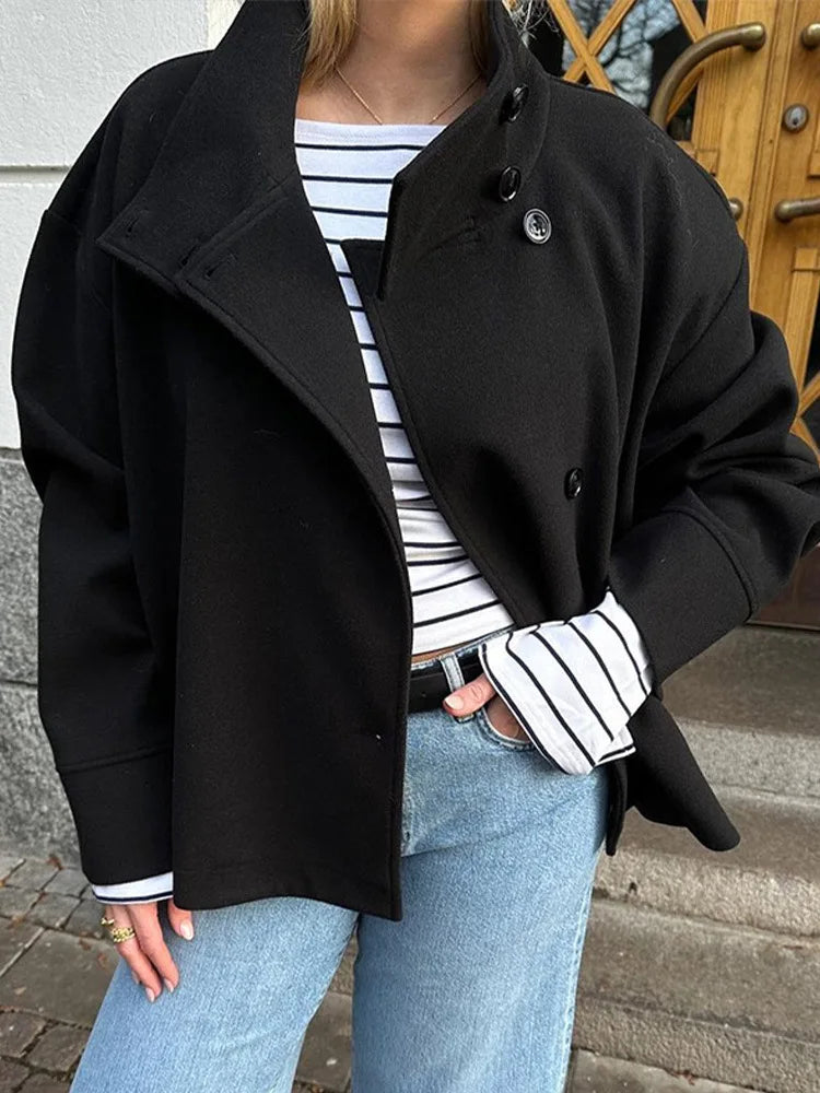 Stand Collar Women Winter Woolen Coats 2025 Spring Single Breasted Loose Female Long Sleeve Jacket Office Lady Street Short Coat