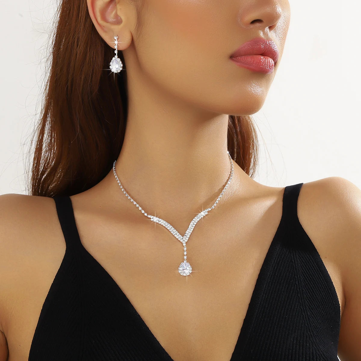 Cross-Border E-Commerce Bridal Jewelry European and American Rhinestone Necklace Earrings Ear Studs Wedding Jewelry Set