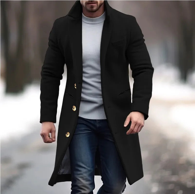 Winter Woolen Coat Men Jacket Elegant Medium and Long Woolen Jacket with Lapel Pockets Slim Solid Color Suit Collar Trench Coat