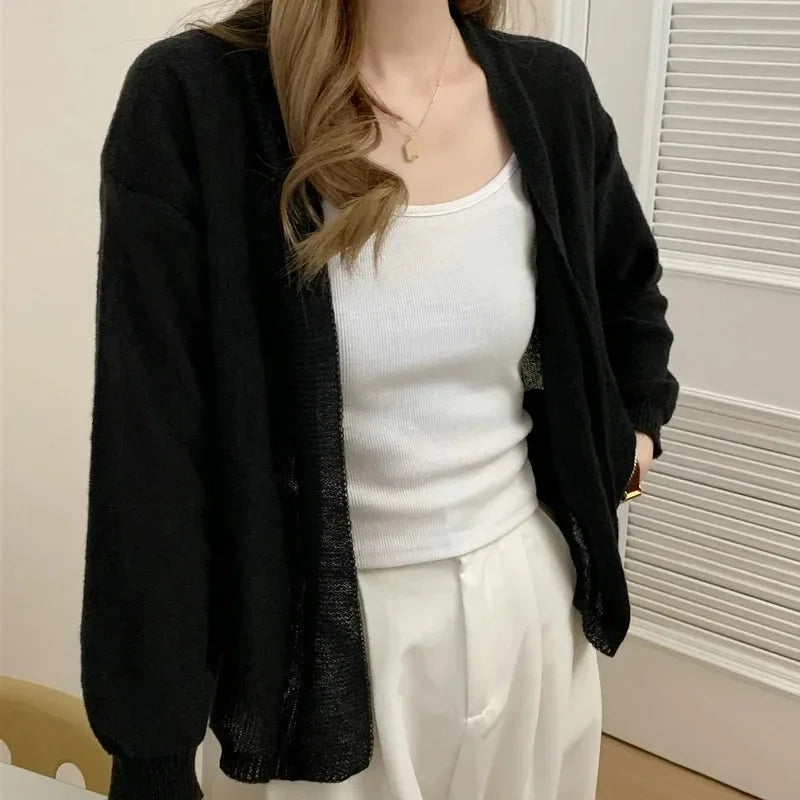 2025 Korean Style Women Long Sleeve Elegant Cardigan Sweater Autumn Solid Color Knitted Top Casual Knitwear
