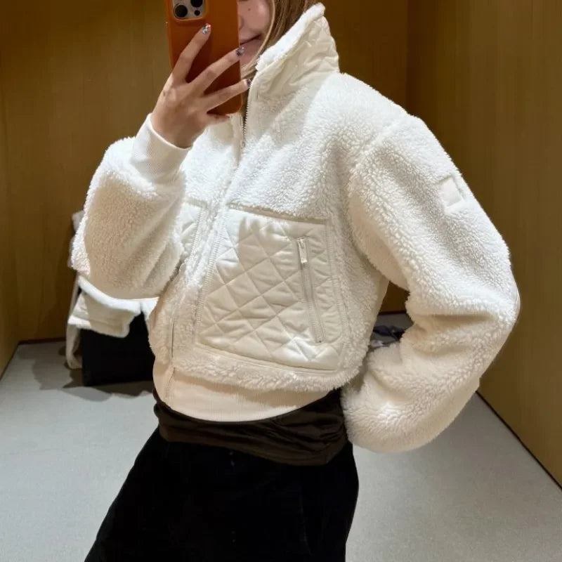 2025 Autumn New Lamb Plush Warm Coat Fashion Stand-up Collar Zipper Winter Jacket Women Outerwear High Waist Thicken Coats