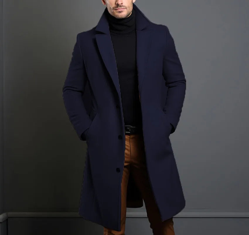Winter Woolen Coat Men Jacket Elegant Medium and Long Woolen Jacket with Lapel Pockets Slim Solid Color Suit Collar Trench Coat