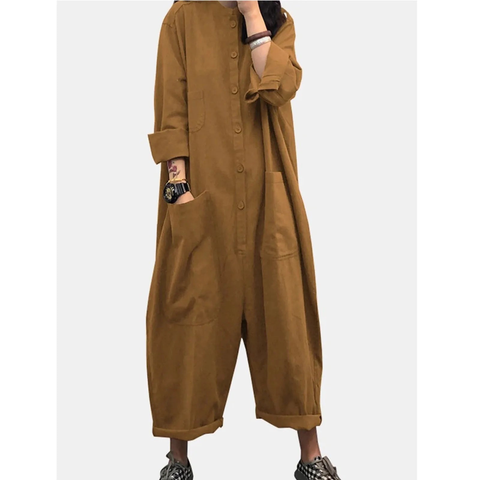 Women Jumpsuit 2024 Female Oversized Romper Autumn Loose Pockets Overalls Casual Solid Stand Collar Bottom